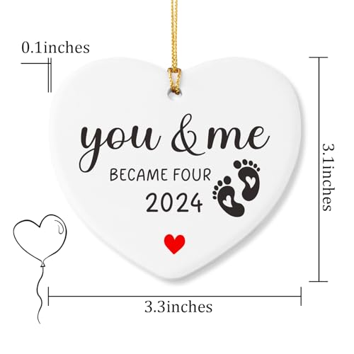 Image of You and Me Became Four 2024 Baby's First Christmas Tree Hanging Ornament Family of 4 Newborn Infant Baby Gifts for New Family Parent Mom Dad Keepsake Sign Heart Ceramic Ornament