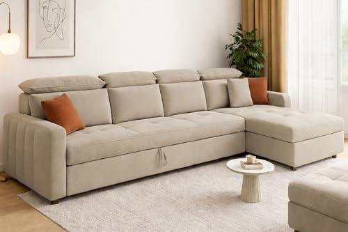 Image of Casaliving Gagnon RHS 6 Seater L Shape Corner Sofa Cum Bed for Living Room (Cream Fabric) Premium Fabric Sofa