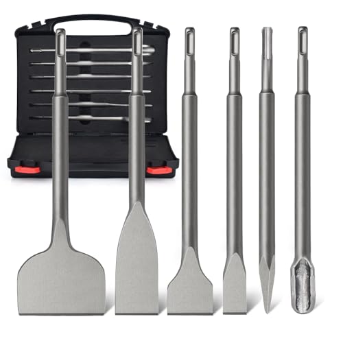 Juego de 6 tijeras de mampostería con varillas SDS Plus, tijeras planas, tijeras afiladas, kit de herramientas para la mejora del hábitat y el trabajo del hormigón, con caja de almacenamiento (6
