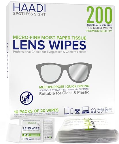 Lot de 200 lingettes nettoyantes pour lunettes emballées individuellement - Convient pour les objectifs de lunettes, appareils photo, jumelles, miroirs,...