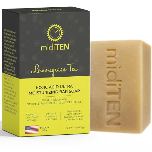 midiTEN Kojic Acid Dark Spot Corrector Bar Soap – With Alpha-arbutin, Hyaluronic Acid, Coconut Oil, Lemongrass Oil – For All Skin Types – Ultra Moisturizing – All-Natural Ingredients (4OZ)