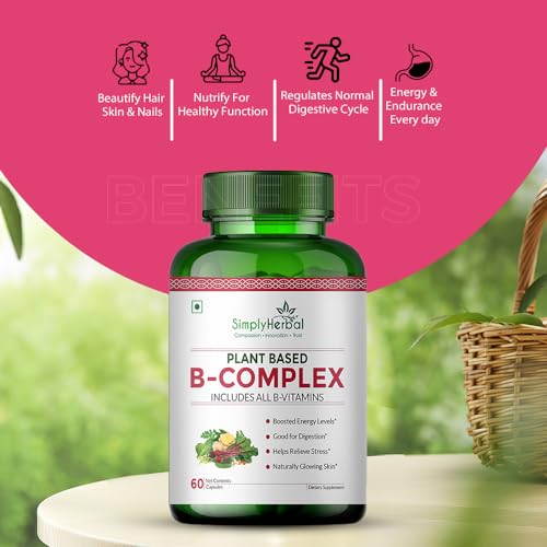 Simply Herbal Plant Based Vitamin B Complex Capsules, B-Complex Vitamin B1, B2, B3, B5, B6, B7, B9 & B12 | Supports Healthy Blood Cells, Metabolism & Improve Body Energy Level, 60 Capsules
