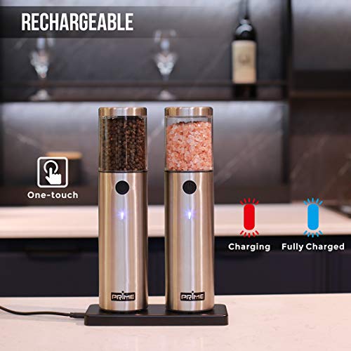 Prime Rechargeable Electric Salt and Pepper Grinder Set (Pack of 2 Mills), with Charging Base, USB Cable, Power Adapter| One-Touch Operation | Adjustable Coarseness | Blue LED Light | Stainless Steel