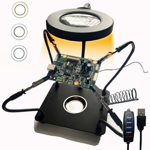 Soldering Station Helping Hands with Magnifying Glass with Light Third Hand Solder Tool Circuit Board Welding Kit PCB Holder Heavy Duty Base Plate | Four Flexible Arms