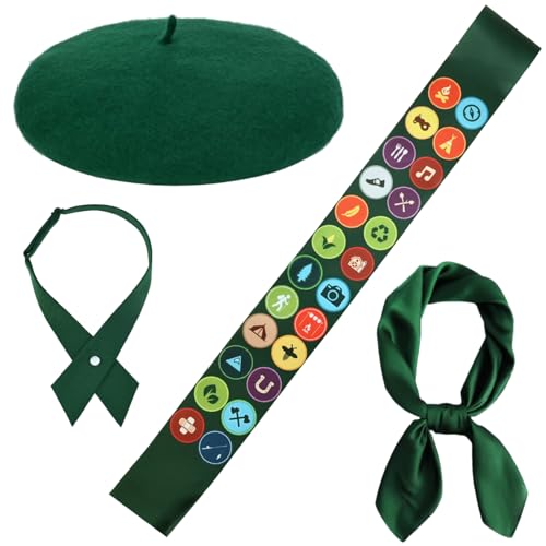 4 Pcs Halloween Scout Costume Set Include Blackish Green Beret Sash Scarf and Bowtie for Women Party Dress Up (Green)