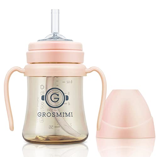 Image of GROSMIMI Spill Proof no Spill Magic Sippy Cup with Straw with Handle for Baby and Toddlers, Customizable, PPSU, BPA Free 6 oz (Peach)
