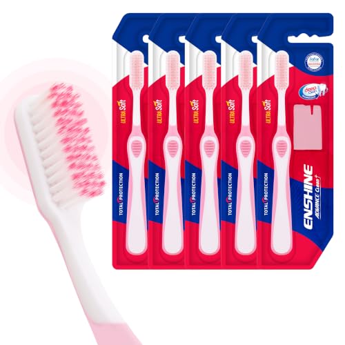Image of Enshine Advance Clean+ Soft Toothbrush for Adults - Pack of 5 | Ultra Soft Tapered PBT Bristles | Tooth Brush Set with Non-Slip Grip | Manual Toothbrushes for Sensitive Gums & Enamel | Color Pink