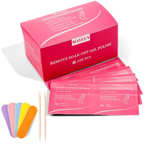 MAYEEN Nail Polish Remover Pads 100 Pack Individually Wrapped Acetone Gel Polish Remover Pads Nail Polish Remover Wipes Travel Pad For Gel & Acrylic Nails Moisturizing & Gentle