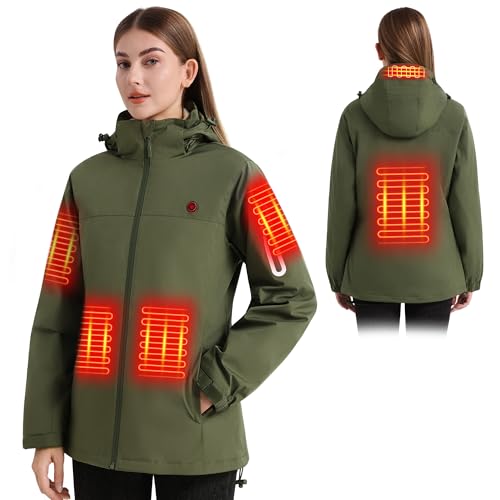 TZOSDOBO Heated Jacket for Women with 7.4V Battery Pack,Women's Winter Jackets Outdoor Electric 6-Zones Collar Heated Coat & Detachable Hood (Army Green, M)