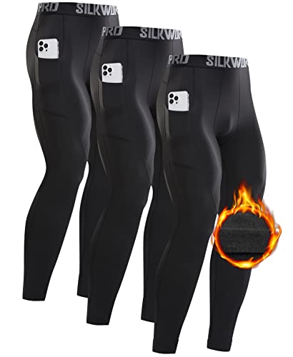 SILKWORLD Men's Thermal Underwear Compression Leggings with Pockets Athletic Cold Weather Base Layer,C1_Fleece Lined_3pack_Black#3,Medium