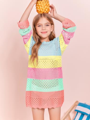 Image of Batermoon Girls Crochet Long Sleeve Swimsuit Cover Up Kids Fashion Hollow Out Swimwear Beach Dress 5-14 Years