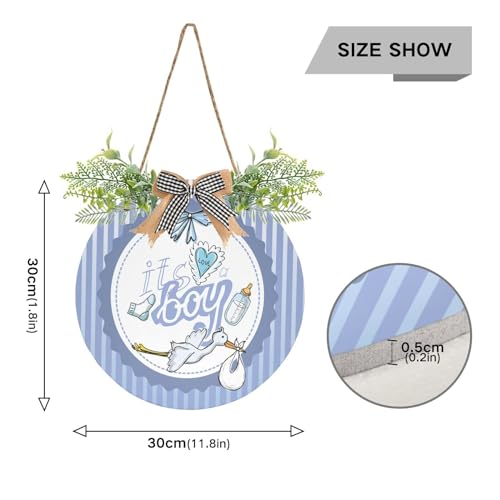 Image of Exnundod Welcome Door Sign It's A Boy Printed Wreath Door Hanger for Front Door Newborn Baby Stork Round Wreath Sign for Door Porch Wall Decor 12inch