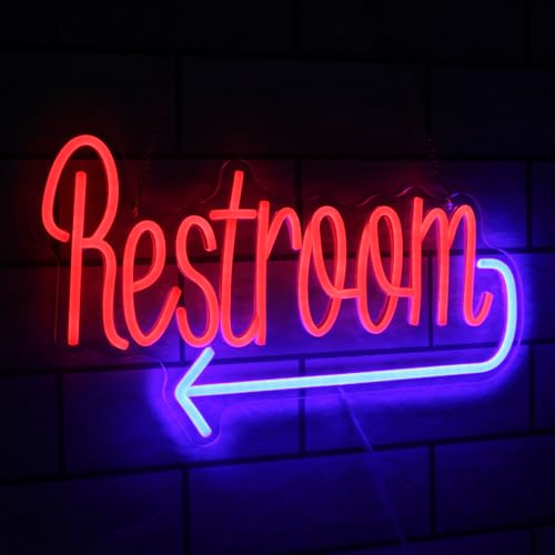 Image of Restroom with Arrow Neon Sign Toilet LED Lights for WC Bar Restaurant Decor | Dimmable Neon Bathroom Sign, Prominent Acrylic Directional Signs, Red Blue Washroom Neon Light, USB Powered, Easy to Hang