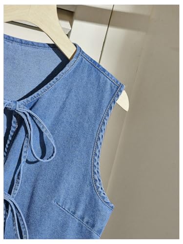 SHENHE Women's Y2k Tie Front Denim Vest V Neck Ruffle Hem Sleeveless Peplum Jean Top Shirt4