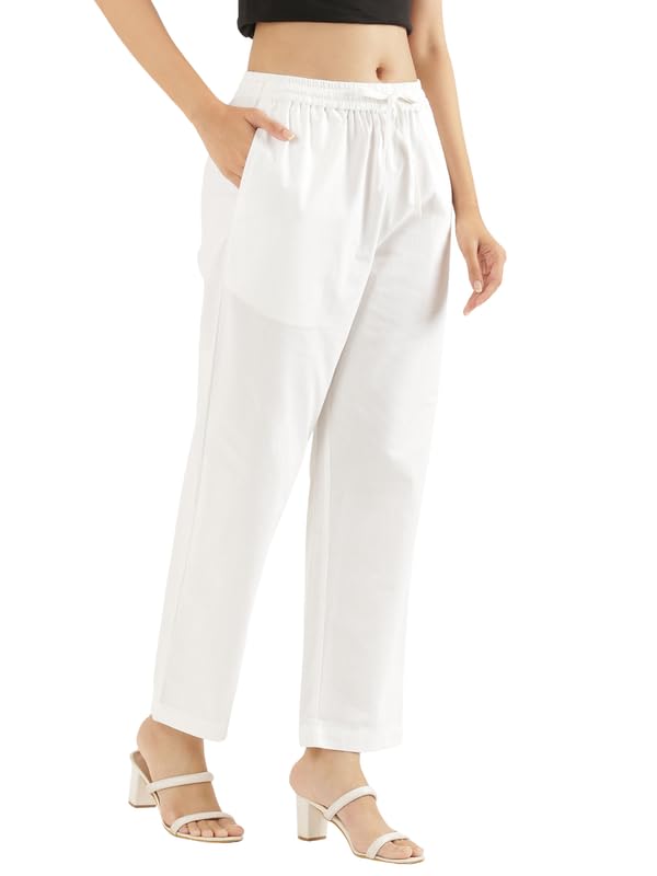 Image of SAADAA Cotton Straight Pants for Women | Breathable Everyday Wear Trousers | Drawstring, Deep Pockets & Elastic Waistband | Casual & Comfortable Fit