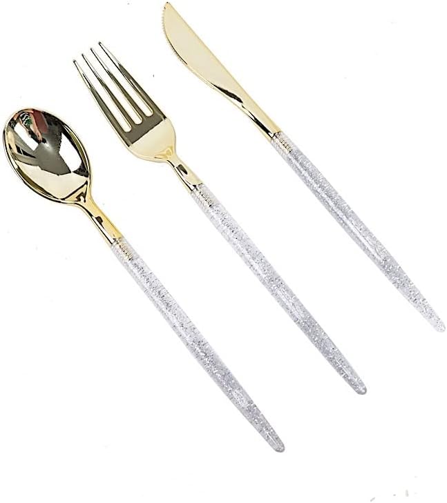 BalsaCircle - 24 cubiertos de plástico desechables plateados con mango dorado con purpurina dorada, suministros de decoración para bodas, fiestas,