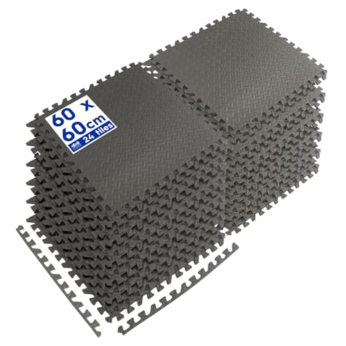 Harbour Housewares Gym Flooring Mats - 60 x 60cm - Pack of 24 Large Black Heavy Duty EVA Non-Slip Rubber Matting Floor Tiles for Exercise, Home, Garage, Pool, Treadmill, Workout Equipment