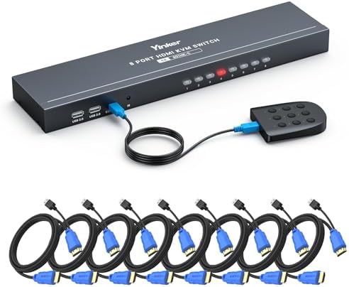 KVM Switch HDMI 8 Port, 4K USB HDMI KVM 1U Rackmount Console 8 in 1 Out, w/8-pack KVM Cables, Selector, Remote(1 Display Cable included)