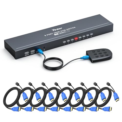 Yinker 8 Port 4K@30Hz HDMI KVM Switch, 1U Rackmount 8 in 1 Out for Server, Auto Scan Wired Selector IR Remote & Panel Button, 4 USB Ports, Keyboard Mouse Sharing, Plug & Play, 8 KVM Cables Included
