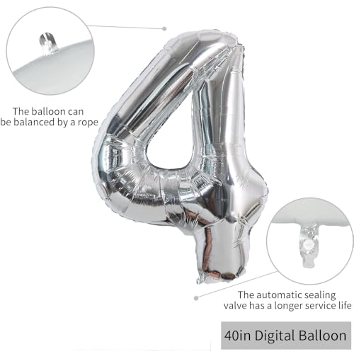 Image of TONIFUL 40 Inch Silver Number 4 Balloon Large Foil 4th Birthday Decorations | Silver 4 Balloon Number Four for 4th 24th 40th Birthday 4 Year Anniversary, Silver Birthday Decor for Men Women Boys Girls
