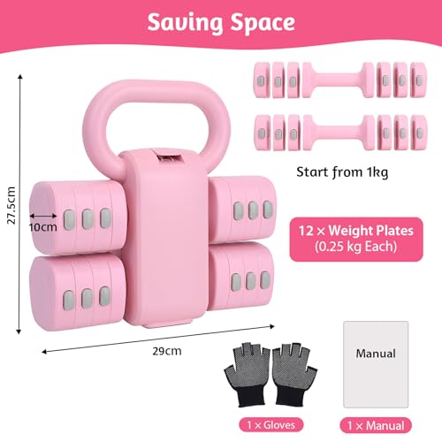 Set de Mancuernas Regulables, Pesa Rusa 5 kg para Mujer – Mancuerna 1 kg (2-en-1), Kit Pesas Gimnasio en Casa, Discos Mancuernas Regulable Weights Entrenamiento en Casa - imagen 6