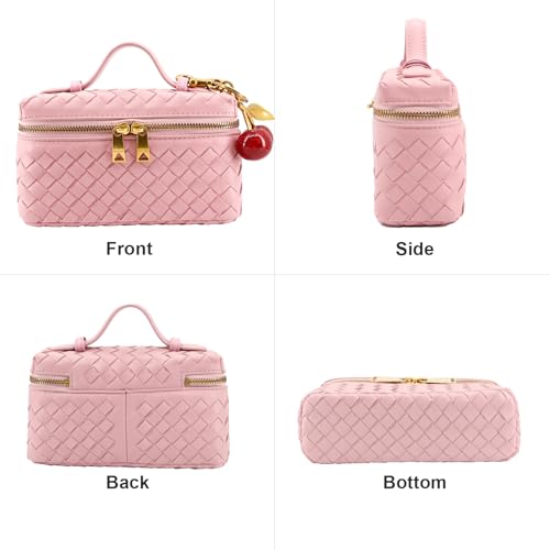 Image of Small Woven Box Crossbody Bags for Women Designer Leather Mini Top Handle Clutch Purse Square Vanity Bag with Cherry Charm
