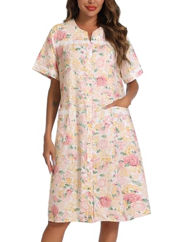 100% Cotton Nightgowns for Women Short Sleeve House Dress Buttons Down Housecoat with Pockets4
