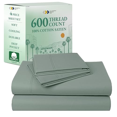California Design Den Luxury King Size Sheet Set - 100% Cotton, 600 Thread Count Deep Pocket King Sheets, Hotel-Quality Bedding with Sateen Weave (Sage Green - Cool Tone)