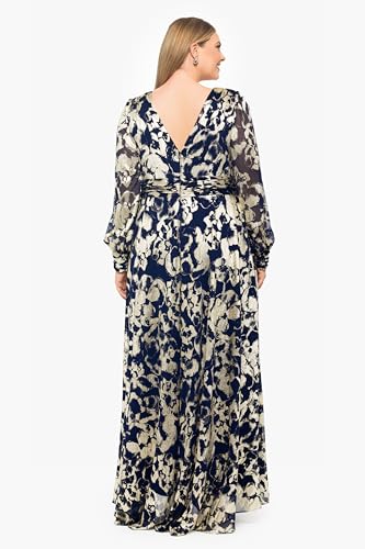 Betsy & Adam Women's Plus Size Metallic Foil Long Mesh Sleeve Gown3