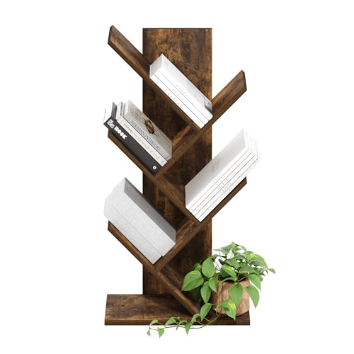 Image of Furinno Tree Book Shelf, 5-Tier Bookshelf with Angled Open Shelf, Tree Bookcase for Room Decor, 8.4 x 15.7 x 30.3, for Organization and Storage, for Living Room, Bedroom, Home Office, Amber Pine