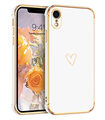 GUAGUA for iPhone XR Case,Luxury Electroplate Edge Bumper Case Cute Heart Pattern Cover for Women Girls with Camera Protection & 4 Corners Shockproof Protection Phone Case 6.1" White