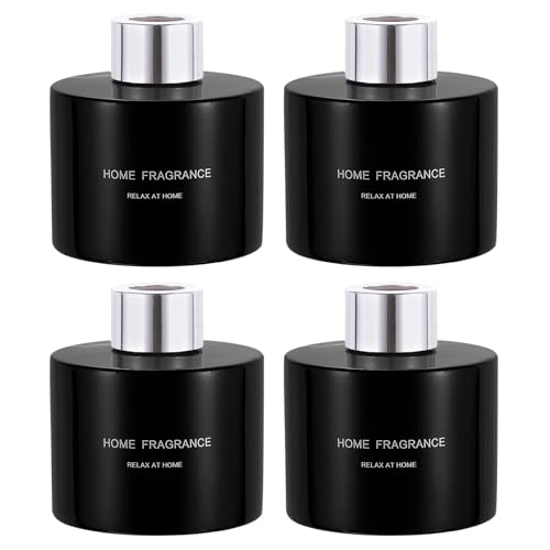 HARFINGTON 4pcs Empty Glass Diffuser Bottle 140ml/4.7oz Refillable Fragrance Accessories Aromatherapy Jar Container for Replacement Reed Diffuser DIY Home Bathroom Black with Silver Tone Cap