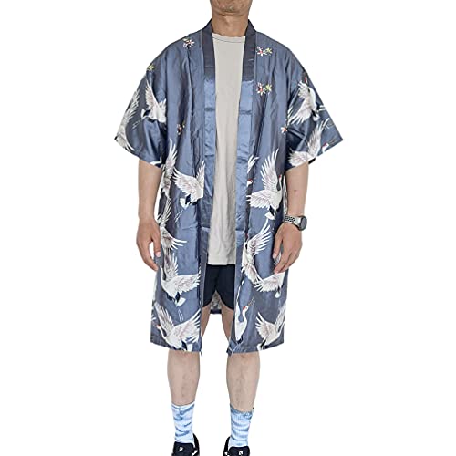 HAORUN Men Japanese Kimono Coat Loose Yukata Outwear Long Bathrobe Tops Vintage (Grey-Satin, Medium, m)