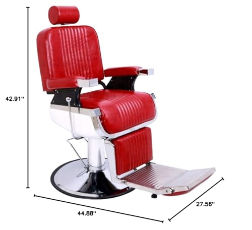 Winado Heavy Duty Reclining Barber Chair with Headrest & Supports up to 500lbs & 360 Degrees Rolling Swivel, All Purpose Vintage Salon Spa Chair for Hair Stylist, Red - Thumbnail 2