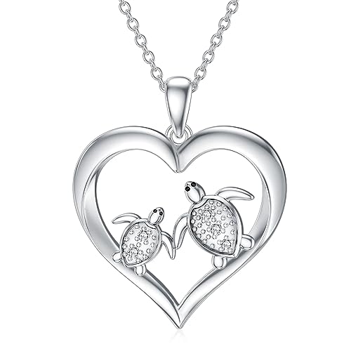 Diamond Heart Necklace Sterling Silver Sea Turtle Flamingo Fox Rose Flower Mushroom Frog Teddy Bear Gymnast Butterfly Feet Three Hearts Pendant Necklaces for Women Heart Jewelry Gifts (Sea Turtle)