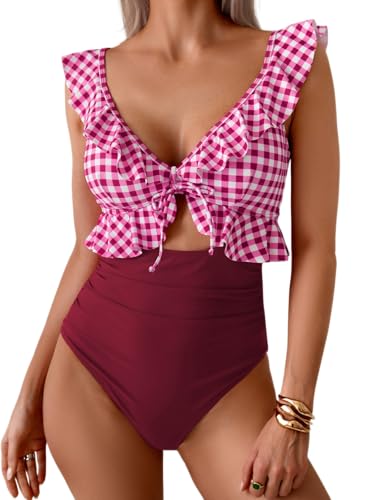 Image of Eomenie One Piece Swimsuit for Women Tummy Control Ruffle Bathing Suit V Neck Ruched Swim Suit Slimming Cutout Swimwear