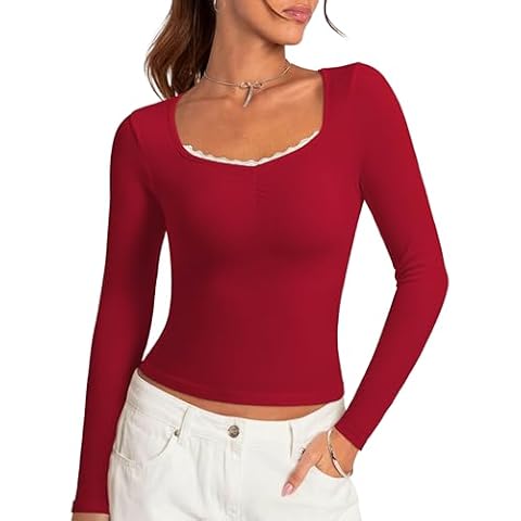 OMKAGI Women Long Sleeve Shirts Lace Trim Sweetheart Neck Y2K Top Ribbed Cotton Tee(S,Wine Red-260) Cover
