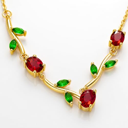 Image of Tulip Necklace for Women, Gold Toned Tulip Pendant with Red & Green Stones, Adjustable Chain, Elegant Jewellery Gift for Girls