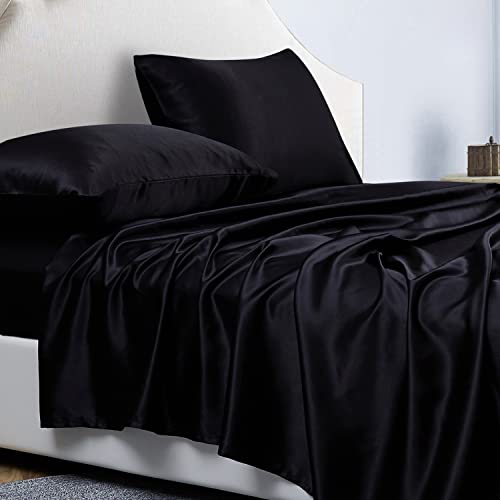 Jemiipee Juego de Sabanas de 4 Piezas Raso Cama 135 Color Sólido 135x190 cm para Colchón de hasta 36 cm de Altura - Sábana Bajera Ajustable, Encimera y 2 Funda de Almohada - Negro Cover
