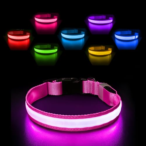 PcEoTllar Leuchthalsband Hund Aufladbar, Hundehalsband Leuchtend Wasserdicht, Blinkend LED Halsband für Hunde mit 7 Farben, Einstellbare LED Hundehalsband für Kleine Große Hunde, Rosa-M