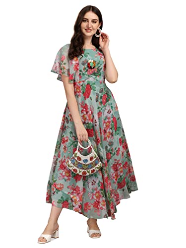 Image of Fashion2wear Women's Georgette Floral Digital Print Short Sleeve Full-Length Fit & Flare Long Gown Dress for Girls (LN-X9TQ-MN1D)