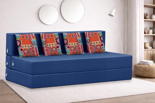 Image of Rosebell 4 Seater Foldable Sofa Cum Bed (6x6 Feet) Jute Fabric, Washable Removable Cover | Space Saving Convertible Sofa Bed for Home, Office & Guests - Blue