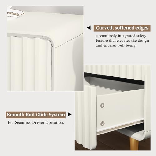 Image of HLR Night Stand Set of 2, Fluted Modern Bedside Table with 2 Drawers, White