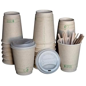 Certified Compostable Coffee Cups by Living Balance | 12oz – 100 cups with Compostable Lids, Stirrers, and Integrated Sleeves
