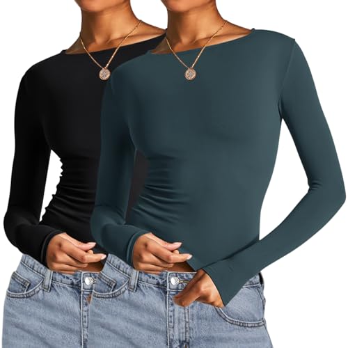 Image of AKEWEI Long Sleeve Crop Tops for Women 2 Pack Fall Going Out Outfits Cute Tight Basic Tees Shirt
