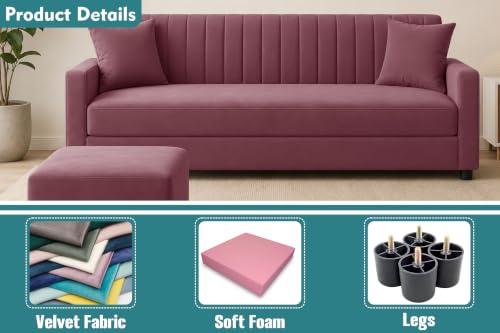 Image of 3 Seater Wooden Sofa Set with Ottoman for Living Room | Premium Velvet Fabric Wooden Frame | Modern Design | Comfortable Cushioned Sofafor Home, Office & Lounge | Rose Pink
