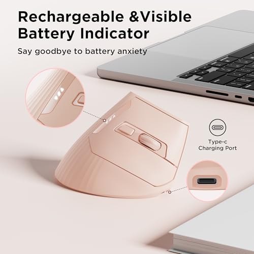 Image of Uineer Ergonomic Wireless Mouse Pink,Bluetooth Vertical Mouse with BT5.0 /4.0 /2.4G, Rechargeable with Battery Indicator,Ergonomic Design for Comfort and Reduced Wrist Strain for Home,Office Use Pink