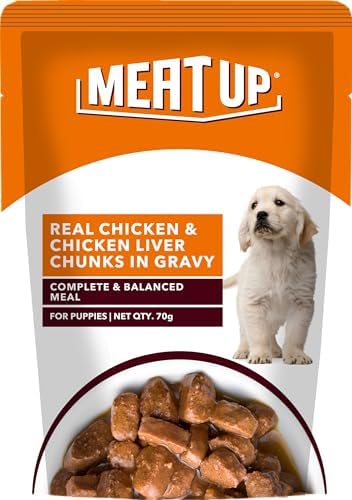 Image of Meat Up Puppy Wet Dog Food (8 x 70g) 560g + 560g Free, Total 1.12kg | Real Chicken in Gravy | Supports Digestion | Boosts Vitality | Complete & Balanced Meal
