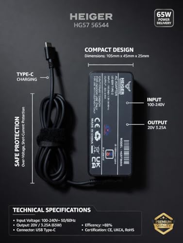 Image of USB Type C 65W Laptop Charger Compatible with Lenovo, Dell, HP, Acer, Chromebook, Asus, Samsung, Sony, Fast Charging, Black, Corded Electric