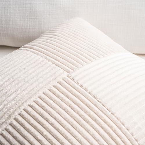 Image of Fancy Homi Set of 2 Cream Boho Long Lumbar Body Decorative Throw Pillow Cover 14x36 Inch for Bed Couch Bedroom Bench, Soft Patchwork Corduroy Textured Pillow Case, Rustic Farmhouse Room Decor